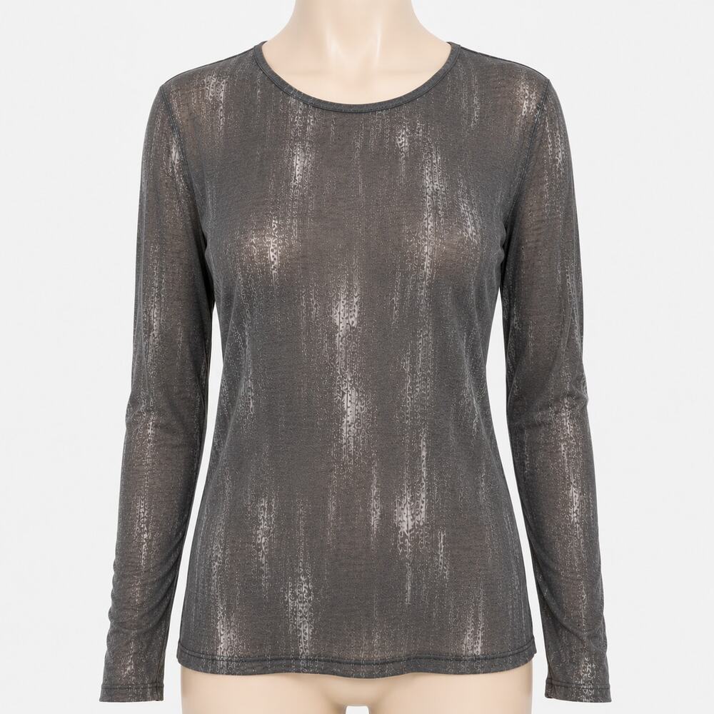 Lafayette 148 New York Gray White Sheer Long Sleeve Top Women's Large USA